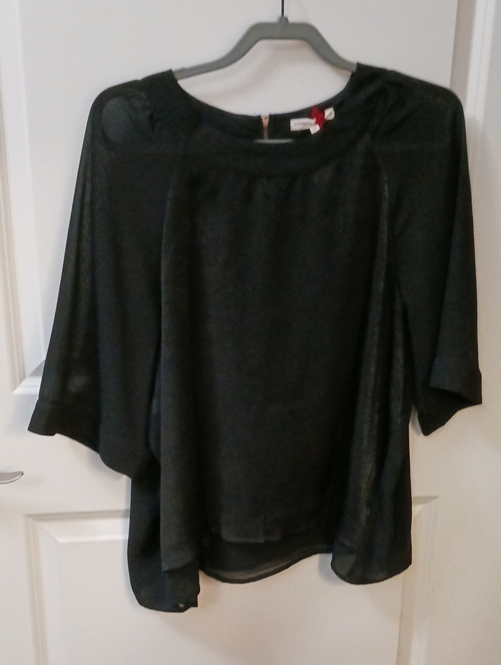 Black Draped Short-Sleeve Blouse with Boat Neck